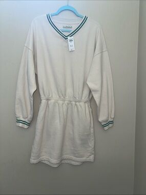 NWT Abercrombie & Fitch Off White V‑Neck Sweatshirt Dress with Teal Trim
